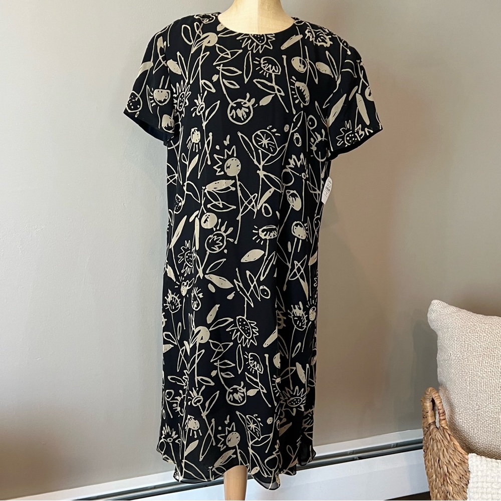 NWT Ellen Tracy Silk Scarf & Shift Dress Midi 10 Abstract All Over Black Cream